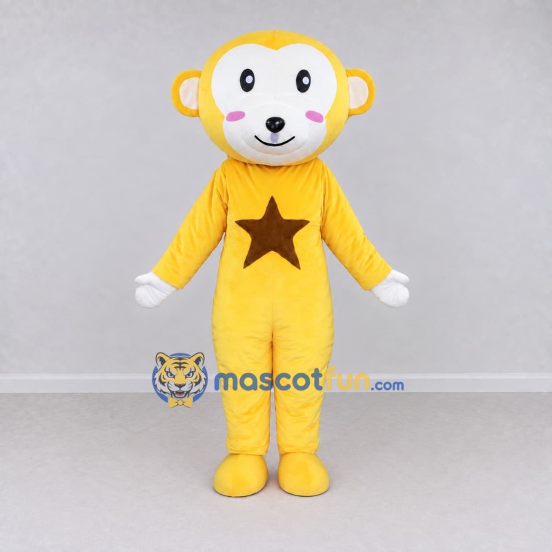Custom Yellow and White Monkey with Star Emblem Mascot Costume Adult Full Body Suit for School Events Custom Yellow and White Monkey with Star Emblem Mascot Costume Adult Full Body Suit for School Events