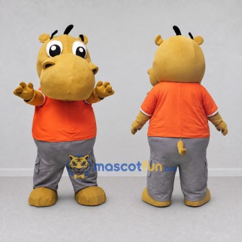 Custom Yellow Orange and Gray Hippo in T Shirt Mascot Costume Adult Full Body Suit for School Events