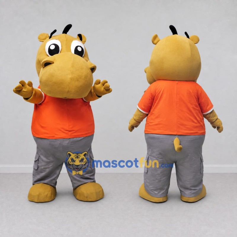 Custom Yellow Orange and Gray Hippo in T Shirt Mascot Costume Adult Full Body Suit for School Events Custom Yellow Orange and Gray Hippo in T Shirt Mascot Costume Adult Full Body Suit for School Events