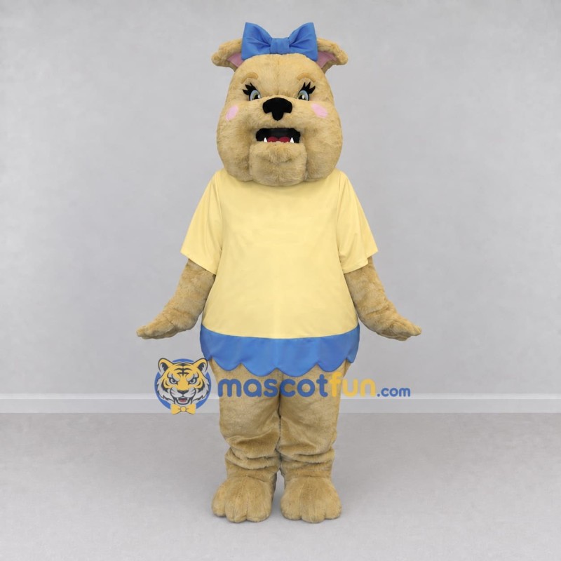 Custom Tan Yellow and Blue Bulldog with Bow Mascot Costume Adult Full Body Suit for School Events Custom Tan Yellow and Blue Bulldog with Bow Mascot Costume Adult Full Body Suit for School Events