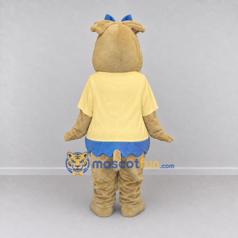 Custom Tan Yellow and Blue Bulldog with Bow Mascot Costume Adult Full Body Suit for School Events Custom Tan Yellow and Blue Bulldog with Bow Mascot Costume Adult Full Body Suit for School Events