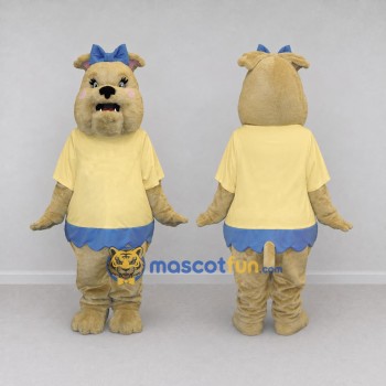 Custom Tan Yellow and Blue Bulldog with Bow Mascot Costume Adult Full Body Suit for School Events