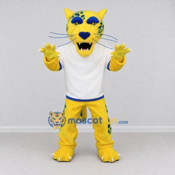 Custom Yellow Blue and White Leopard in Sportswear Mascot Costume Adult Full Body Suit for Sports Events