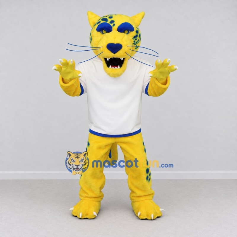 Custom Yellow Blue and White Leopard in Sportswear Mascot Costume Adult Full Body Suit for Sports Events Custom Yellow Blue and White Leopard in Sportswear Mascot Costume Adult Full Body Suit for Sports Events