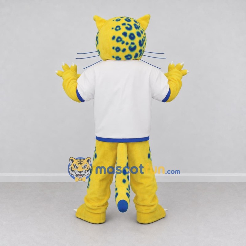 Custom Yellow Blue and White Leopard in Sportswear Mascot Costume Adult Full Body Suit for Sports Events Custom Yellow Blue and White Leopard in Sportswear Mascot Costume Adult Full Body Suit for Sports Events