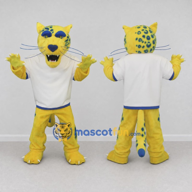 Custom Yellow Blue and White Leopard in Sportswear Mascot Costume Adult Full Body Suit for Sports Events Custom Yellow Blue and White Leopard in Sportswear Mascot Costume Adult Full Body Suit for Sports Events