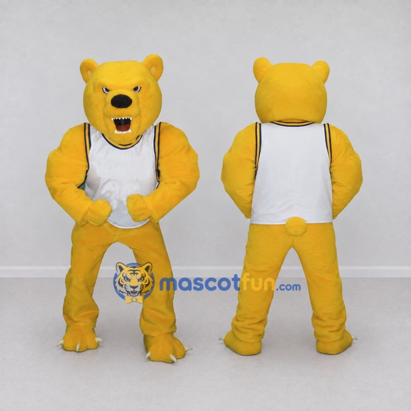 Custom Yellow and White Muscular Bear in Tank Top Mascot Costume Adult Full Body Suit for Sports Events Custom Yellow and White Muscular Bear in Tank Top Mascot Costume Adult Full Body Suit for Sports Events