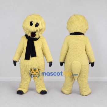 Custom Cream and Black Shaggy Dog with Scarf Mascot Costume Adult Full Body Suit for Winter Events