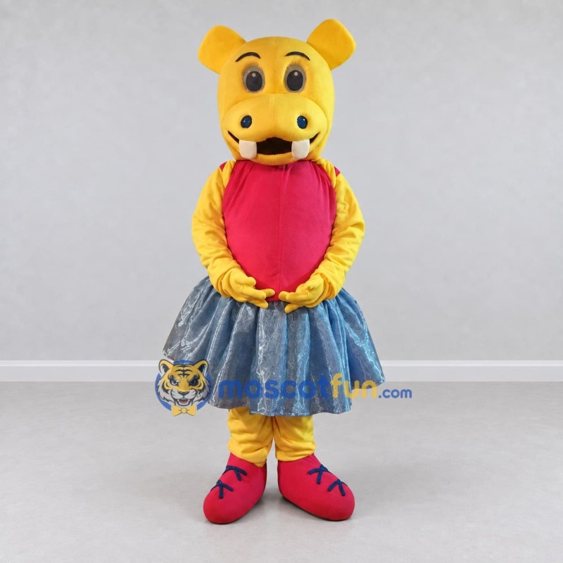 Custom Yellow Pink and Blue Hippo in Skirt Mascot Costume Adult Full Body Suit for Dance Events Custom Yellow Pink and Blue Hippo in Skirt Mascot Costume Adult Full Body Suit for Dance Events
