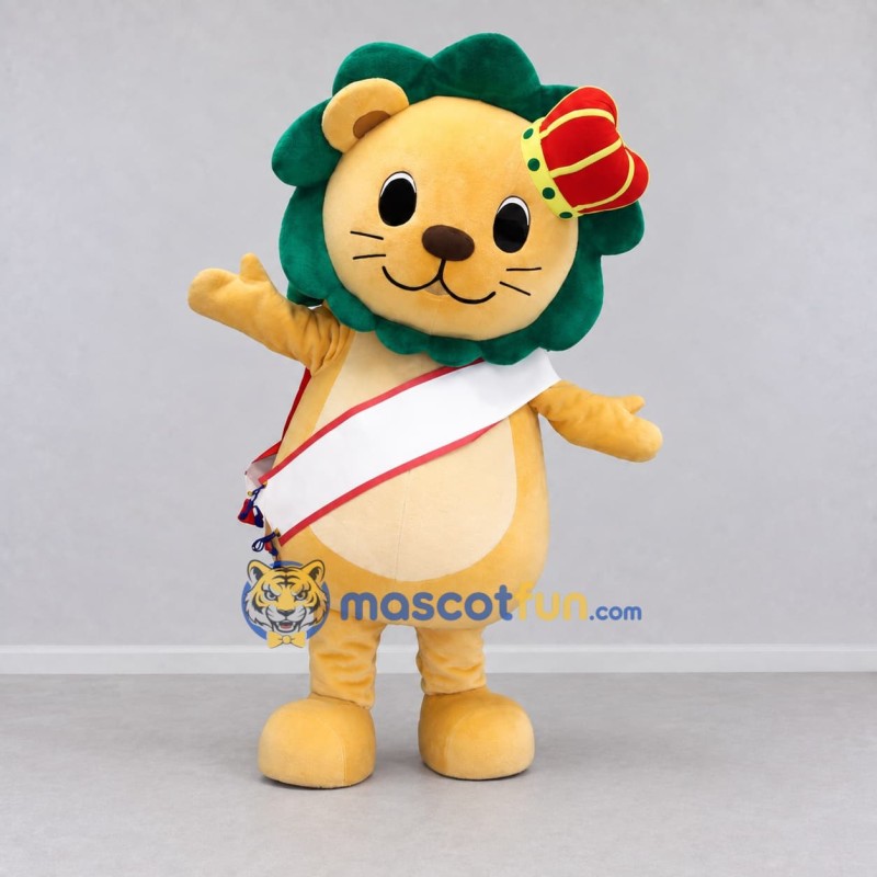 Custom Tan and Green Lion King with Sash Mascot Costume Adult Full Body Suit for Theme Parties
