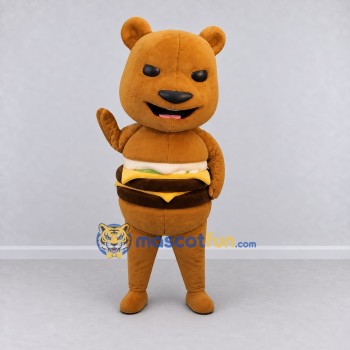 Custom Brown and Yellow Bear with Burger Outfit Mascot Costume Adult Full Body Suit for Food Festivals Custom Brown and Yellow Bear with Burger Outfit Mascot Costume Adult Full Body Suit for Food Festivals