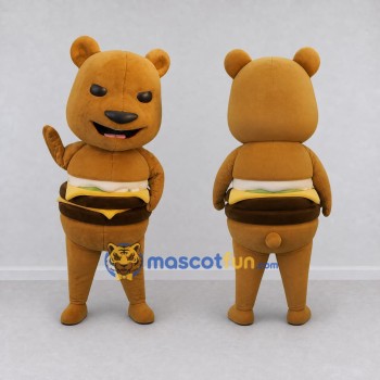 Custom Brown and Yellow Bear with Burger Outfit Mascot Costume Adult Full Body Suit for Food Festivals