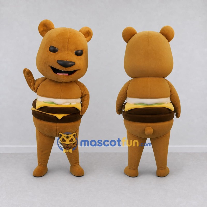 Custom Brown and Yellow Bear with Burger Outfit Mascot Costume Adult Full Body Suit for Food Festivals