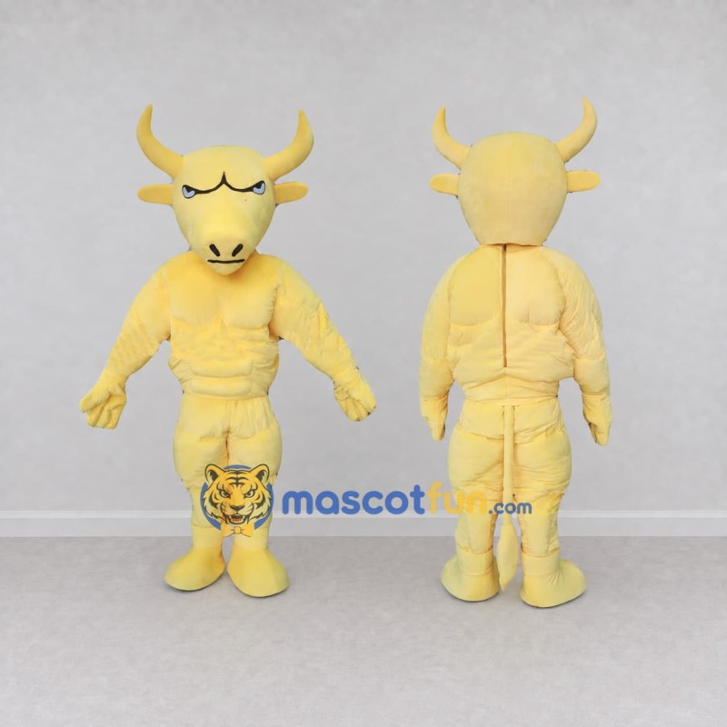 Custom Cream Yellow Muscular Bull Mascot Costume Adult Full Body Suit for Sports Events