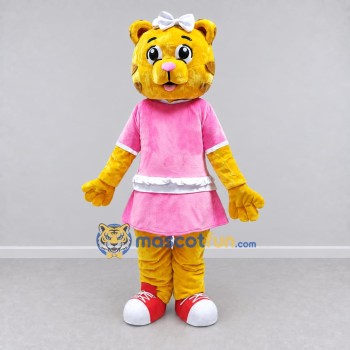 Custom Yellow and Pink Tiger in Dress Mascot Costume Adult Full Body Suit for School Events Custom Yellow and Pink Tiger in Dress Mascot Costume Adult Full Body Suit for School Events