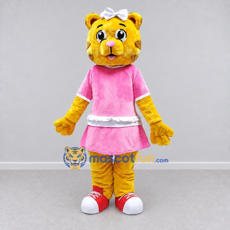 Custom Yellow and Pink Tiger in Dress Mascot Costume Adult Full Body Suit for School Events Custom Yellow and Pink Tiger in Dress Mascot Costume Adult Full Body Suit for School Events