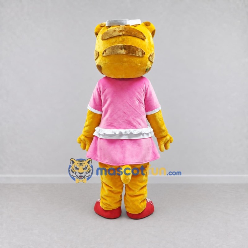 Custom Yellow and Pink Tiger in Dress Mascot Costume Adult Full Body Suit for School Events Custom Yellow and Pink Tiger in Dress Mascot Costume Adult Full Body Suit for School Events