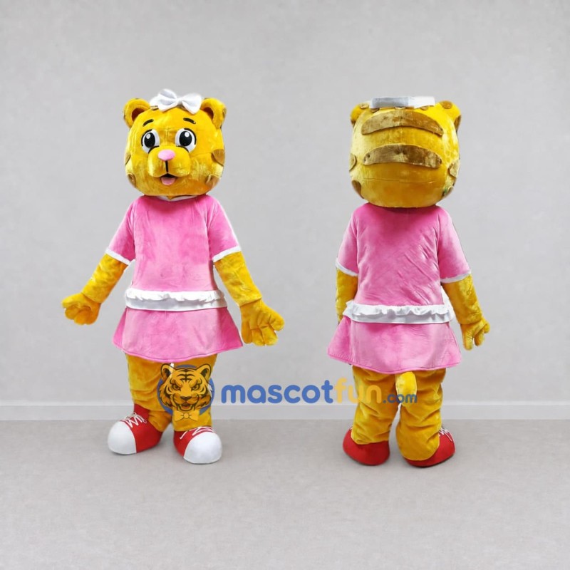 Custom Yellow and Pink Tiger in Dress Mascot Costume Adult Full Body Suit for School Events Custom Yellow and Pink Tiger in Dress Mascot Costume Adult Full Body Suit for School Events