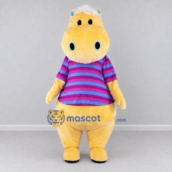 Custom Yellow Pink and Blue Hippo in Striped Shirt Mascot Costume Adult Full Body Suit for School Events