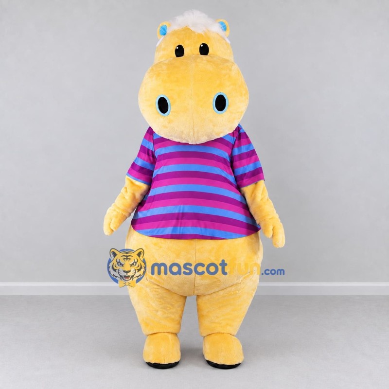 Custom Yellow Pink and Blue Hippo in Striped Shirt Mascot Costume Adult Full Body Suit for School Events Custom Yellow Pink and Blue Hippo in Striped Shirt Mascot Costume Adult Full Body Suit for School Events