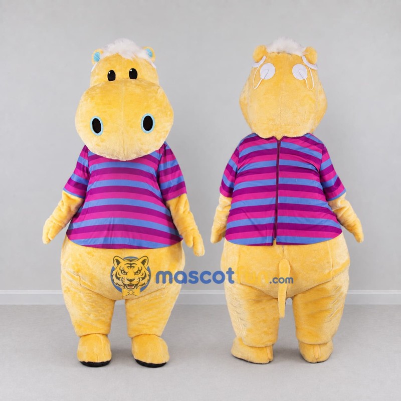 Custom Yellow Pink and Blue Hippo in Striped Shirt Mascot Costume Adult Full Body Suit for School Events Custom Yellow Pink and Blue Hippo in Striped Shirt Mascot Costume Adult Full Body Suit for School Events