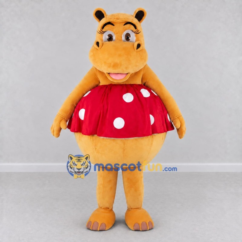 Custom Orange and Red Hippo in Polka Dot Skirt Mascot Costume Adult Full Body Suit for Dance Events Custom Orange and Red Hippo in Polka Dot Skirt Mascot Costume Adult Full Body Suit for Dance Events