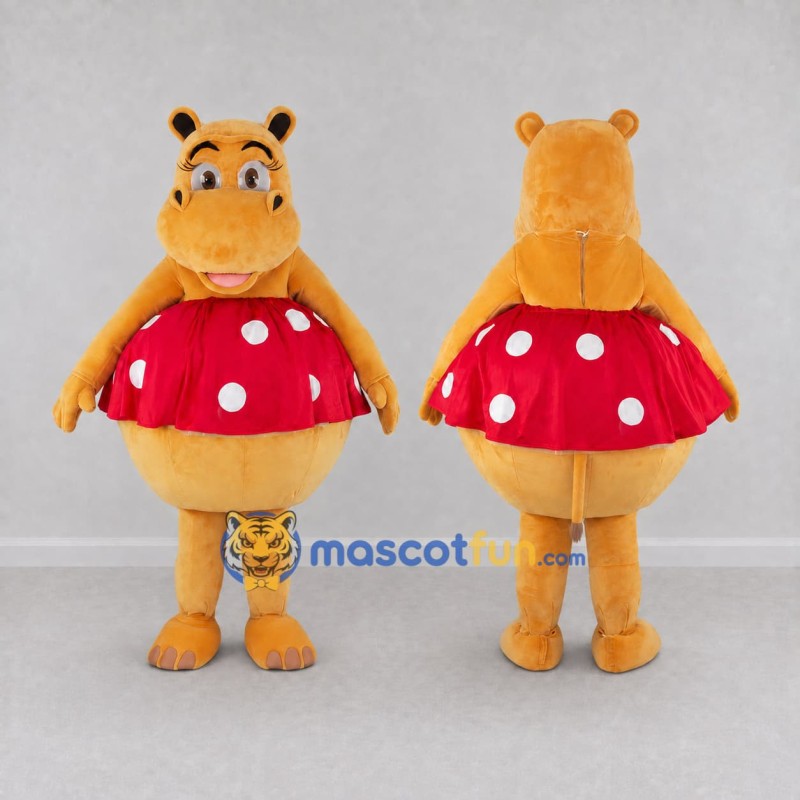 Custom Orange and Red Hippo in Polka Dot Skirt Mascot Costume Adult Full Body Suit for Dance Events Custom Orange and Red Hippo in Polka Dot Skirt Mascot Costume Adult Full Body Suit for Dance Events
