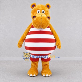 Custom Yellow Red and White Hippo in Striped Outfit Mascot Costume Adult Full Body Suit for School Events