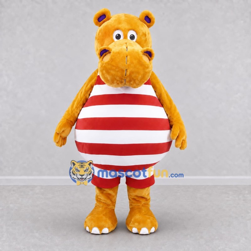 Custom Yellow Red and White Hippo in Striped Outfit Mascot Costume Adult Full Body Suit for School Events Custom Yellow Red and White Hippo in Striped Outfit Mascot Costume Adult Full Body Suit for School Events