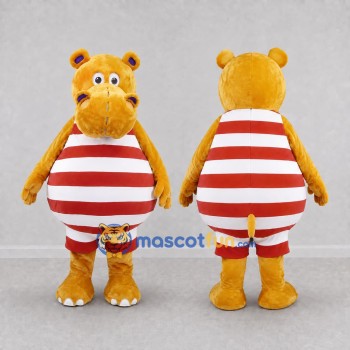 Custom Yellow Red and White Hippo in Striped Outfit Mascot Costume Adult Full Body Suit for School Events