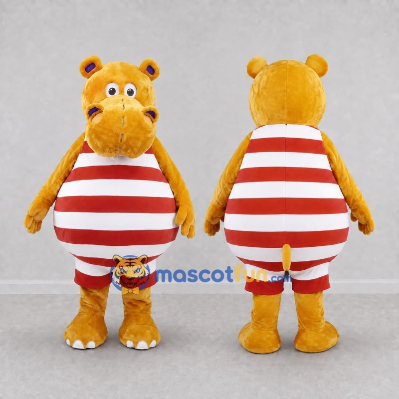 Custom Yellow Red and White Hippo in Striped Outfit Mascot Costume Adult Full Body Suit for School Events Custom Yellow Red and White Hippo in Striped Outfit Mascot Costume Adult Full Body Suit for School Events