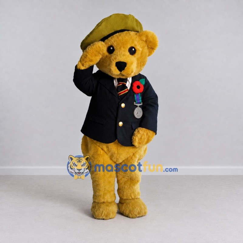 Custom Brown Navy Blue and Olive Green Bear in Uniform Mascot Costume Adult Full Body Suit for Community Events Custom Brown Navy Blue and Olive Green Bear in Uniform Mascot Costume Adult Full Body Suit for Community Events