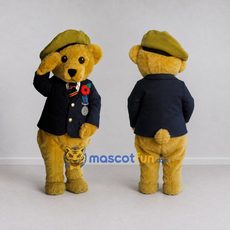 Custom Brown Navy Blue and Olive Green Bear in Uniform Mascot Costume Adult Full Body Suit for Community Events Custom Brown Navy Blue and Olive Green Bear in Uniform Mascot Costume Adult Full Body Suit for Community Events