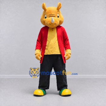 Custom Yellow Red and Black Rhino in Jacket Mascot Costume Adult Full Body Suit for School Events Custom Yellow Red and Black Rhino in Jacket Mascot Costume Adult Full Body Suit for School Events
