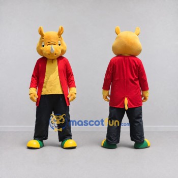 Custom Yellow Red and Black Rhino in Jacket Mascot Costume Adult Full Body Suit for School Events