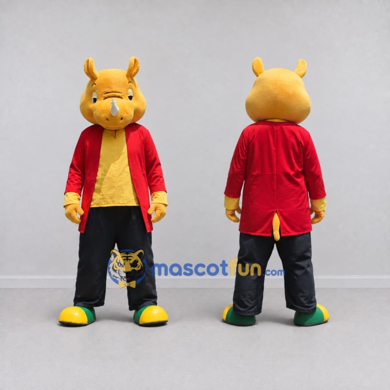 Custom Yellow Red and Black Rhino in Jacket Mascot Costume Adult Full Body Suit for School Events Custom Yellow Red and Black Rhino in Jacket Mascot Costume Adult Full Body Suit for School Events