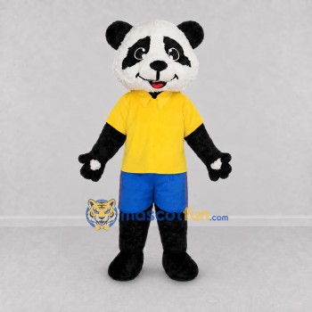 Custom Black White and Yellow Panda in T Shirt Mascot Costume Adult Full Body Suit for School Events Custom Black White and Yellow Panda in T Shirt Mascot Costume Adult Full Body Suit for School Events