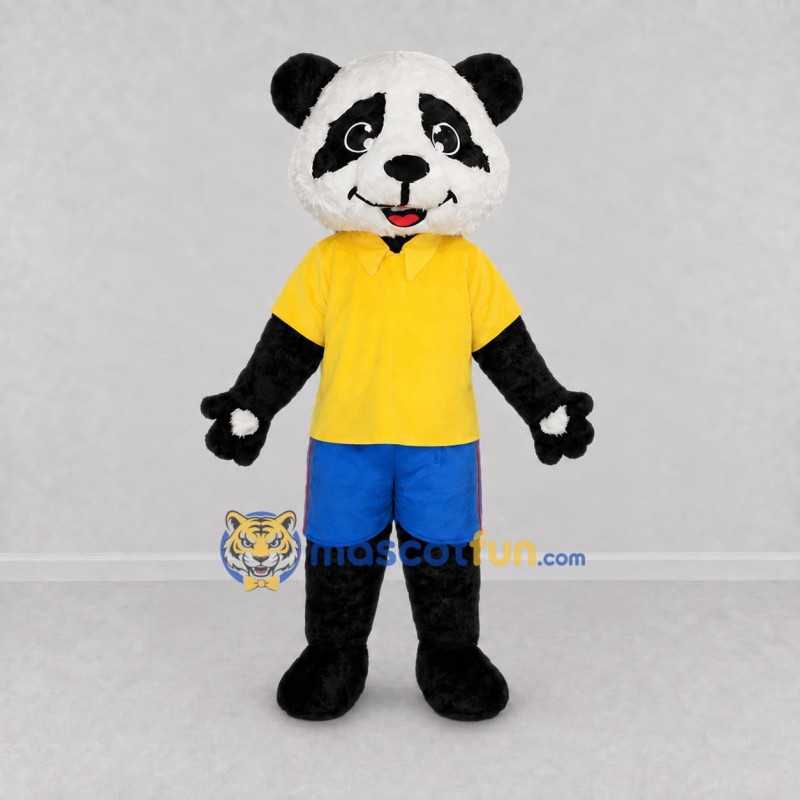 Custom Black White and Yellow Panda in T Shirt Mascot Costume Adult Full Body Suit for School Events Custom Black White and Yellow Panda in T Shirt Mascot Costume Adult Full Body Suit for School Events