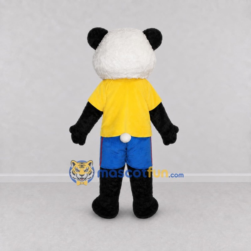Custom Black White and Yellow Panda in T Shirt Mascot Costume Adult Full Body Suit for School Events Custom Black White and Yellow Panda in T Shirt Mascot Costume Adult Full Body Suit for School Events