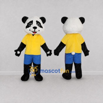 Custom Black White and Yellow Panda in T Shirt Mascot Costume Adult Full Body Suit for School Events