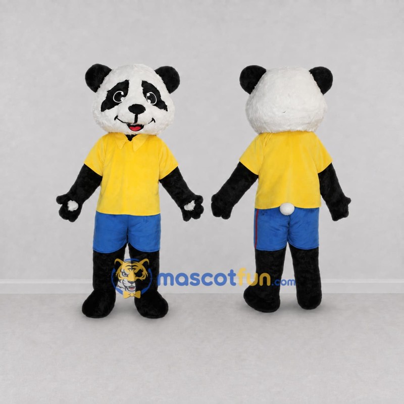 Custom Black White and Yellow Panda in T Shirt Mascot Costume Adult Full Body Suit for School Events Custom Black White and Yellow Panda in T Shirt Mascot Costume Adult Full Body Suit for School Events