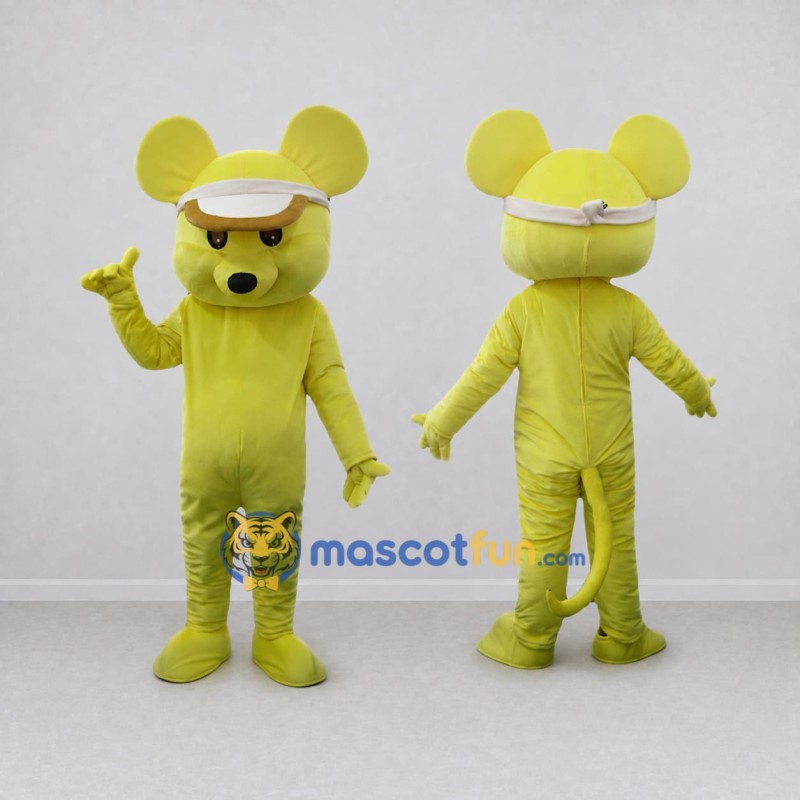 Custom Lime Yellow and White Mouse in Visor Mascot Costume Adult Full Body Suit for Sports Events Custom Lime Yellow and White Mouse in Visor Mascot Costume Adult Full Body Suit for Sports Events