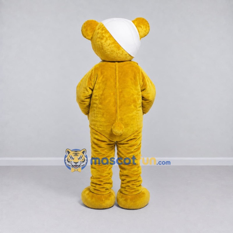 Custom Yellow and White Bear with Bandage and Sling Mascot Costume Adult Full Body Suit for Community Events Custom Yellow and White Bear with Bandage and Sling Mascot Costume Adult Full Body Suit for Community Events