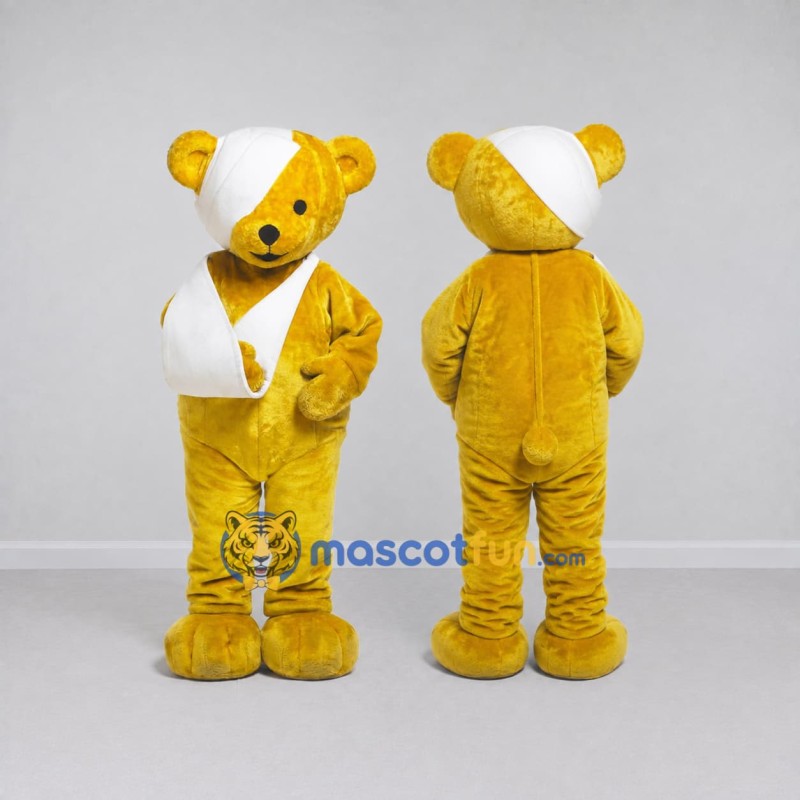 Custom Yellow and White Bear with Bandage and Sling Mascot Costume Adult Full Body Suit for Community Events Custom Yellow and White Bear with Bandage and Sling Mascot Costume Adult Full Body Suit for Community Events