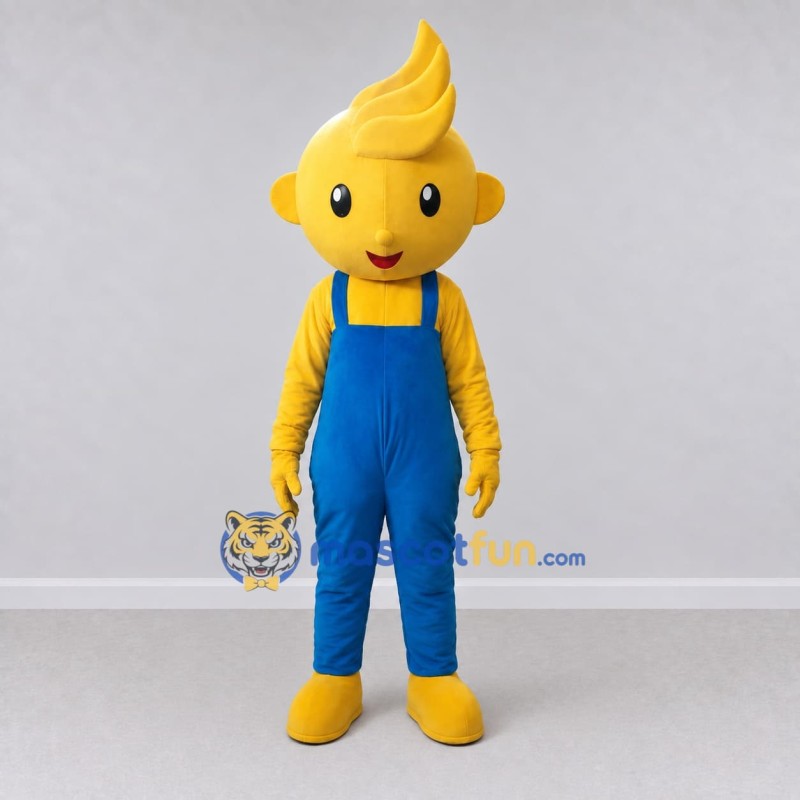 Custom Yellow and Blue Cartoon Boy in Overalls Mascot Costume Adult Full Body Suit for School Events Custom Yellow and Blue Cartoon Boy in Overalls Mascot Costume Adult Full Body Suit for School Events