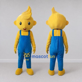 Custom Yellow and Blue Cartoon Boy in Overalls Mascot Costume Adult Full Body Suit for School Events