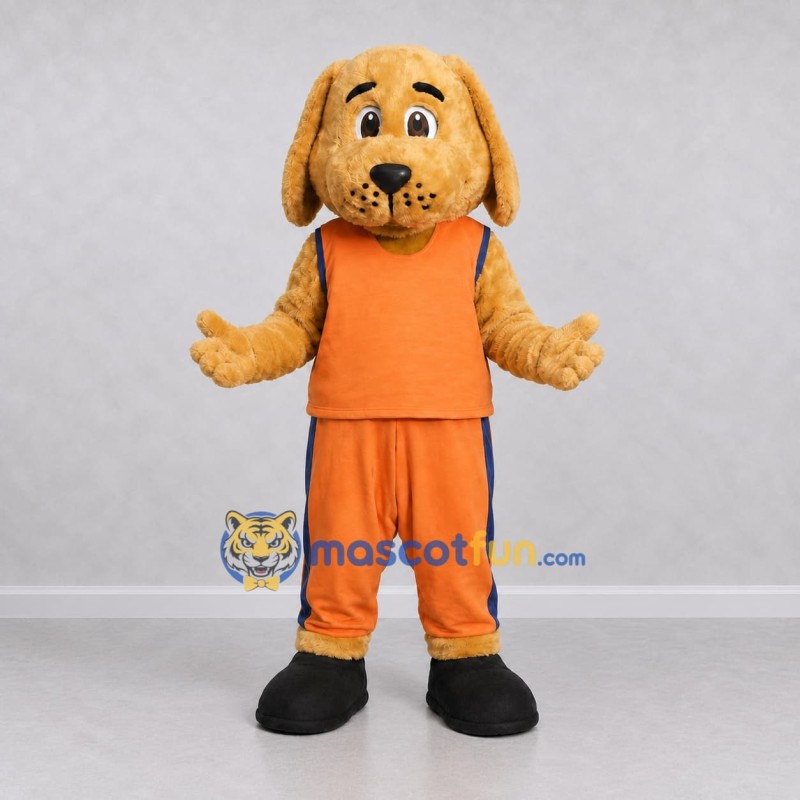 Custom Golden Brown and Orange Dog in Sportswear Mascot Costume Adult Full Body Suit for Sports Events Custom Golden Brown and Orange Dog in Sportswear Mascot Costume Adult Full Body Suit for Sports Events