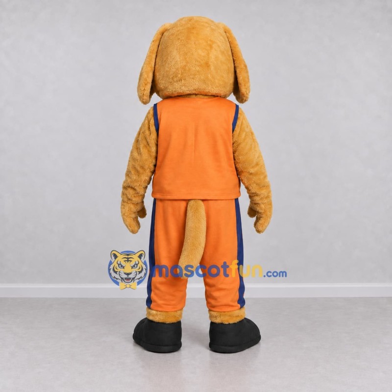 Custom Golden Brown and Orange Dog in Sportswear Mascot Costume Adult Full Body Suit for Sports Events Custom Golden Brown and Orange Dog in Sportswear Mascot Costume Adult Full Body Suit for Sports Events