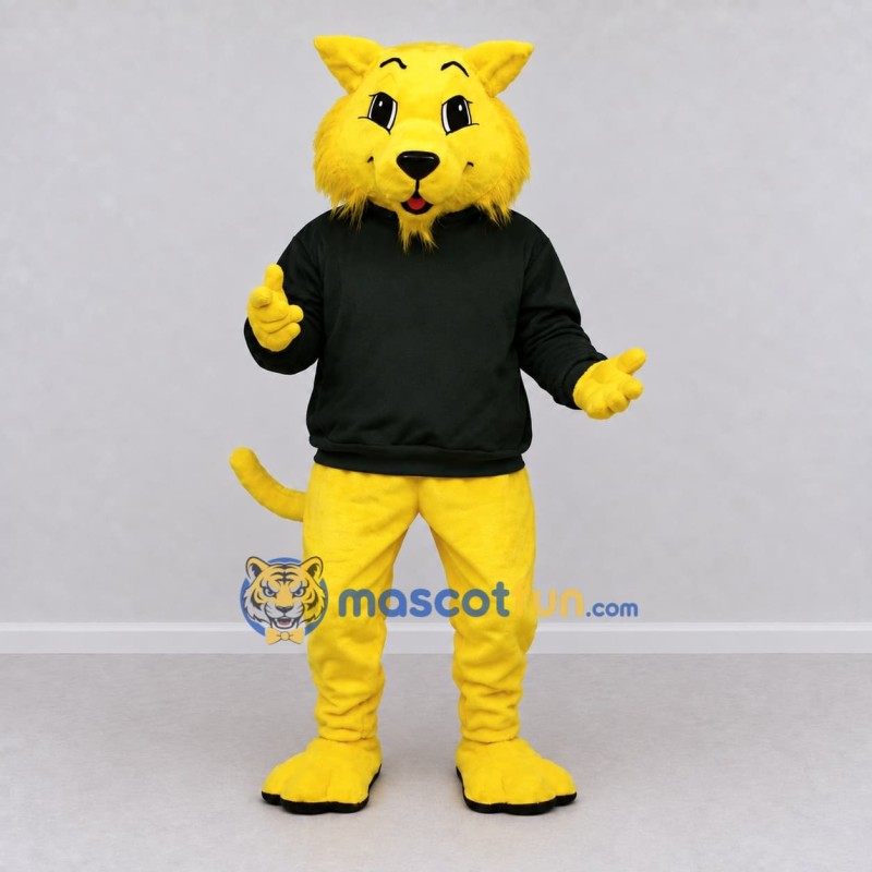 Custom Yellow and Black Cat in Sweatshirt Mascot Costume Adult Full Body Suit for School Events Custom Yellow and Black Cat in Sweatshirt Mascot Costume Adult Full Body Suit for School Events