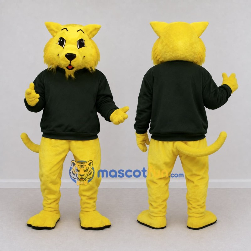 Custom Yellow and Black Cat in Sweatshirt Mascot Costume Adult Full Body Suit for School Events Custom Yellow and Black Cat in Sweatshirt Mascot Costume Adult Full Body Suit for School Events